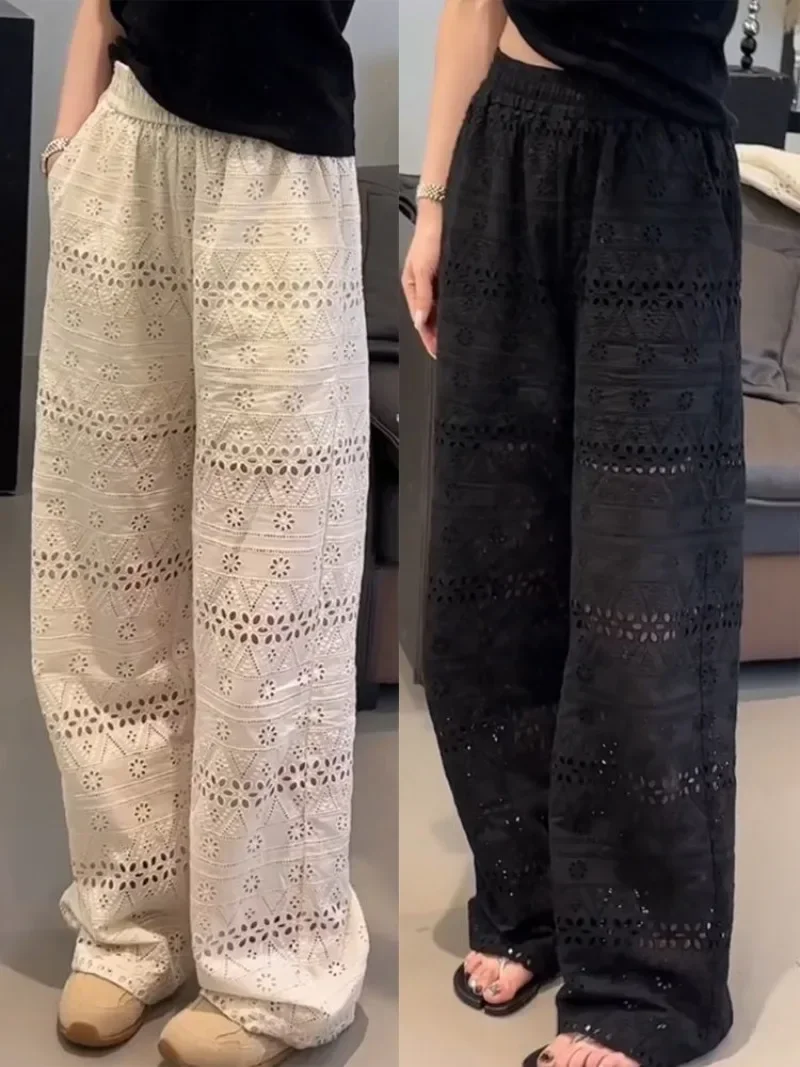 

Summer Thin Lace Hollow Out Women's Wide-Legged Pants Loose Hollow Thin Casual Straight Pants