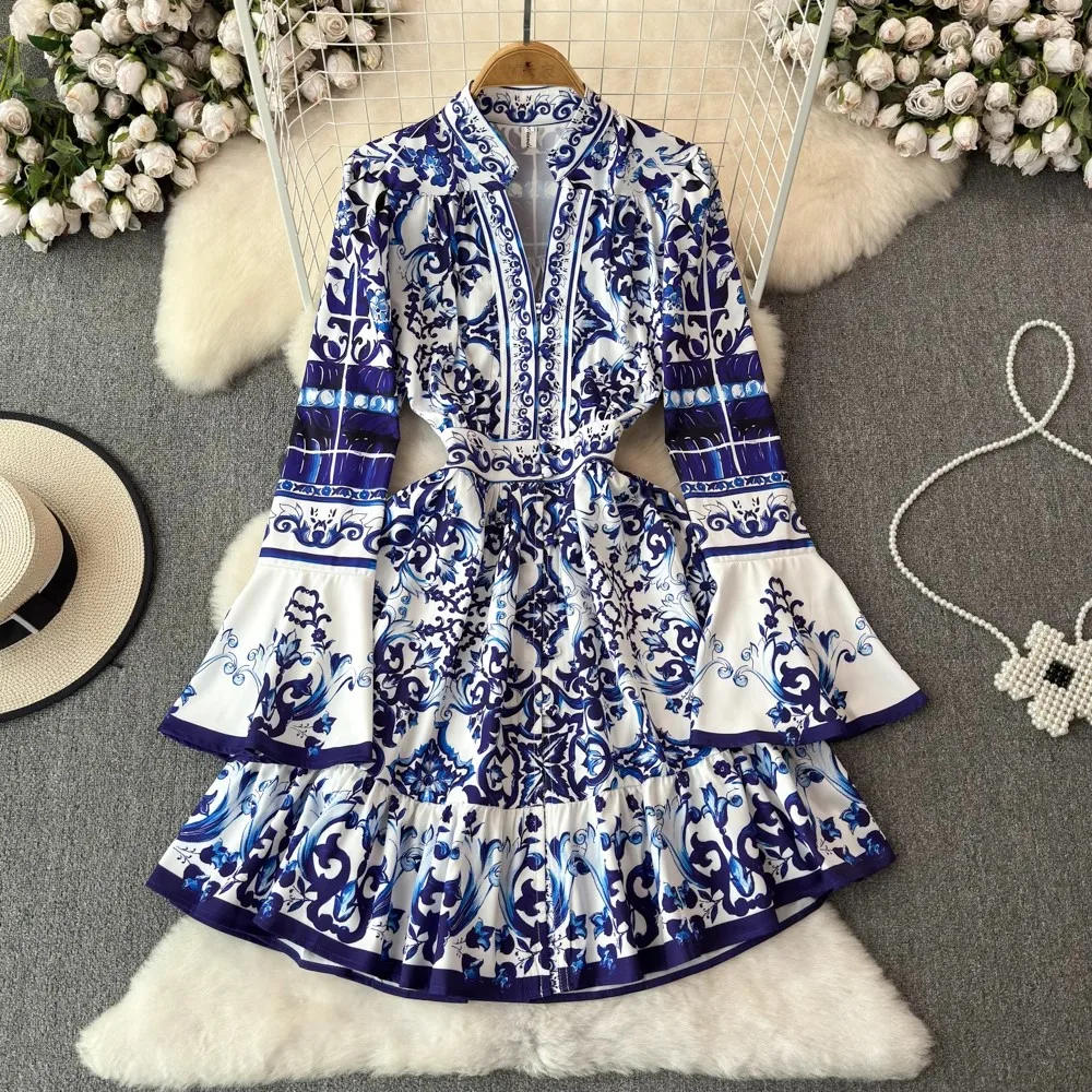 

Banulin Summer Holiday Blue And White Porcelain Dress Women's V-Neck Flare Sleeve Flower Print Mini Vestidos A Line Party Robe