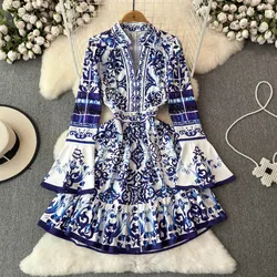 Banulin Summer Holiday Blue And White Porcelain Dress Women's V-Neck Flare Sleeve Flower Print Mini Vestidos A Line Party Robe