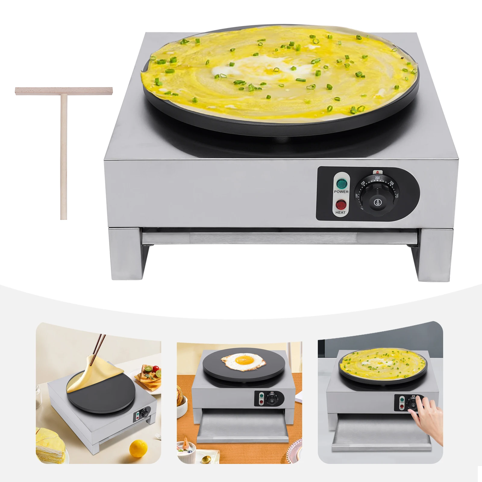 40 cm professionelle Pfannkuchenmaschine für Kreppeneisen und Pfannkuchen, 50–300 ℃ Crepe-Pfannkuchenmaschine 3000 W mit Holzspatel