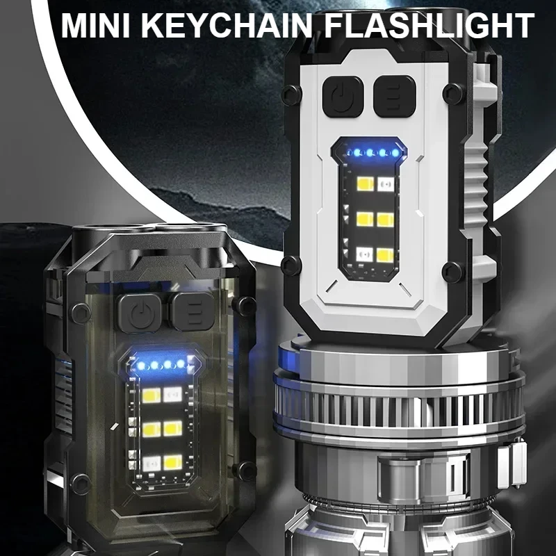 Mini Keychain Flashlight Portable Clip Light 8 Modes Rechargeable Emergency Work Lamp Outdoor Waterproof Camping Fishing Torch