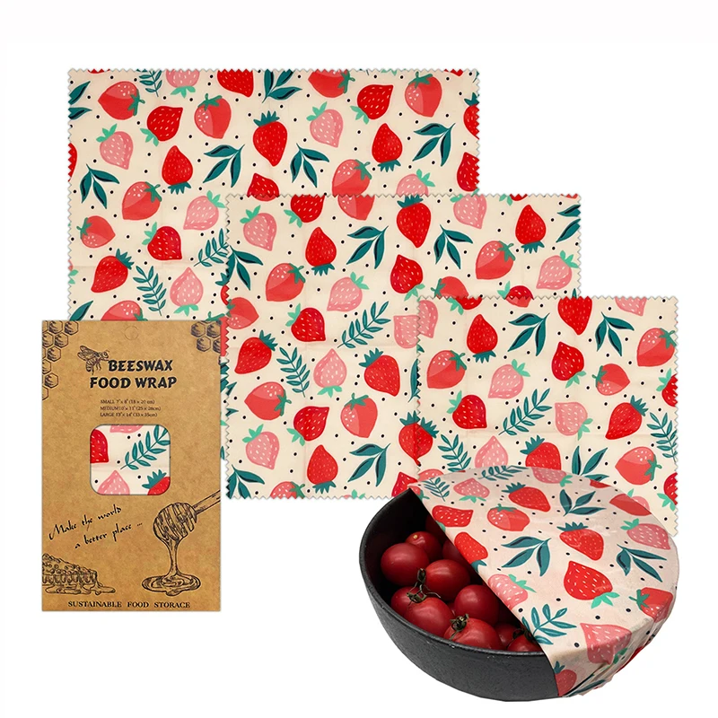 

Reusable Food Wraps Food Fresh Keeping Storage Eco Friendly Organic Strawberry Pattern Beeswax Cloth Wrap Cling Wrap