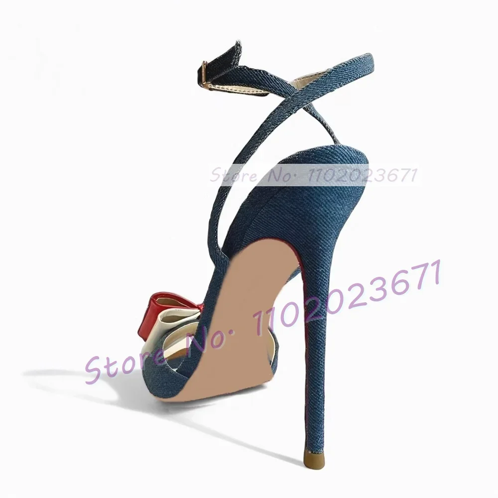 Gold spitze Zehen Denim Sandalen mit bunten Bogen Frauen Sommer lässig dünne High Heel Schuhe weibliches Outfit Abend Cross Strap Panto letten