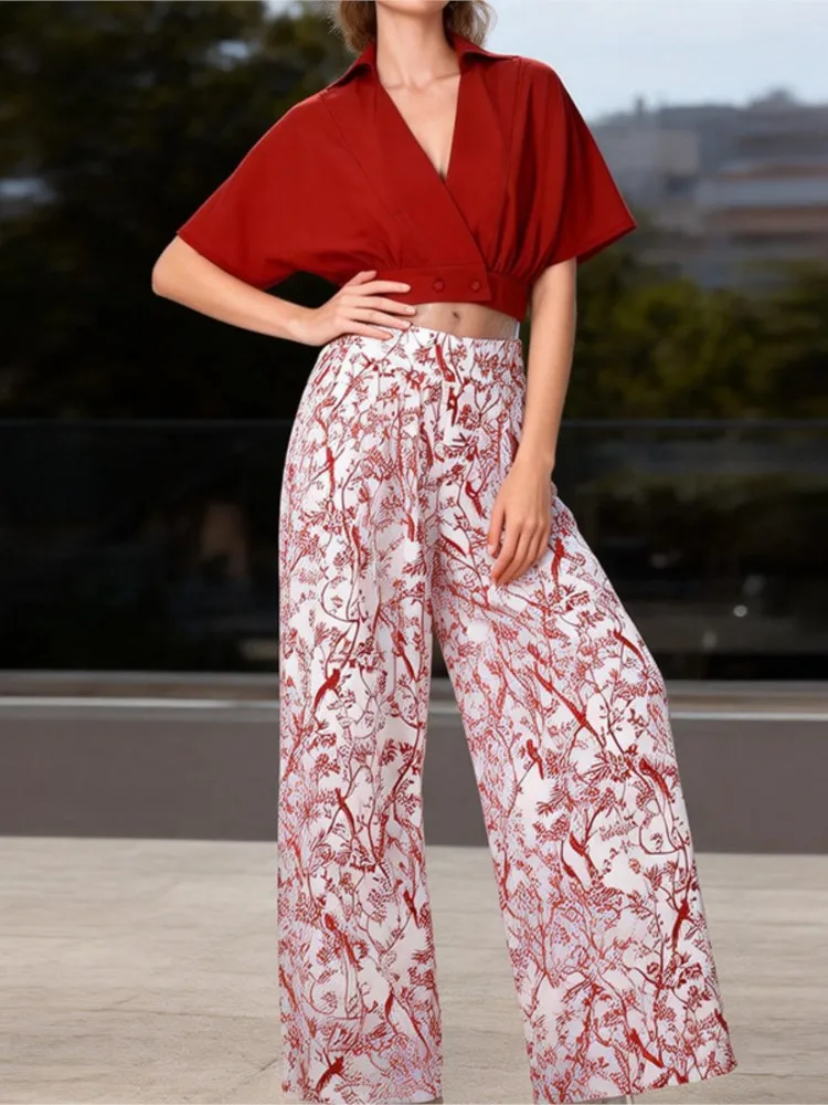 Fashionable Two-piece Solid Color V-neck Top + Printed Wide-leg Pants Suit Commuting Dating Vacation Leisure Office 2-pieces Set