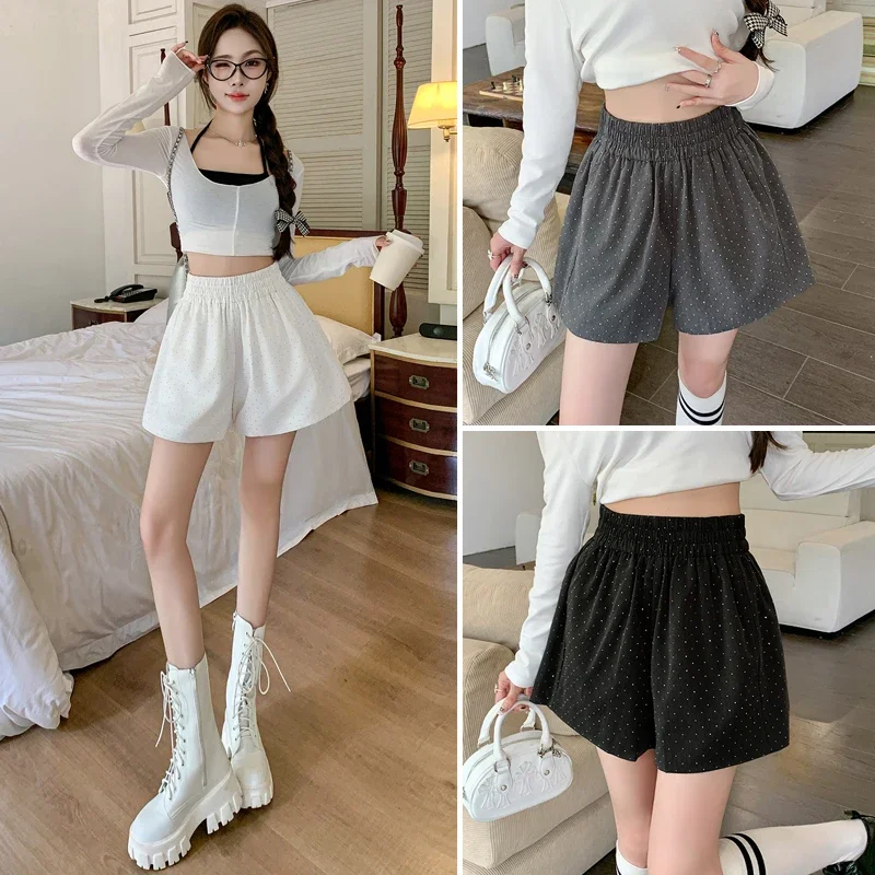 Spicy girl hot diamond shorts versatile women's autumn high waist elastic waist slimming casual loose wide leg pants