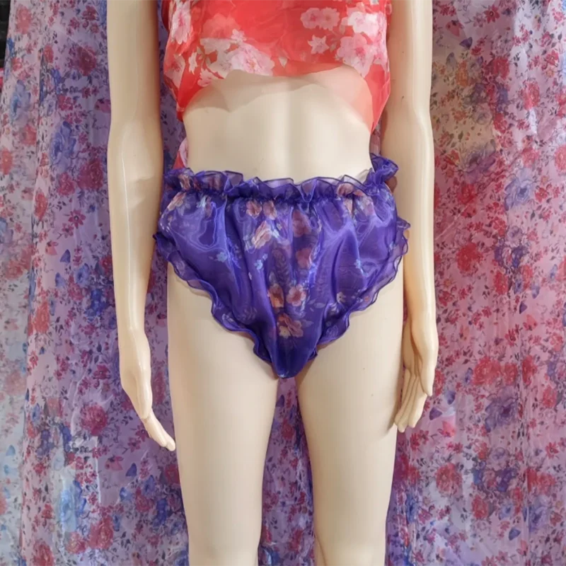 Women Sissy Ruffled Soft Silky Panties Plus Size Lantern Panty, High Gloss Flowers Double Layered Organza See Through Men Briefs