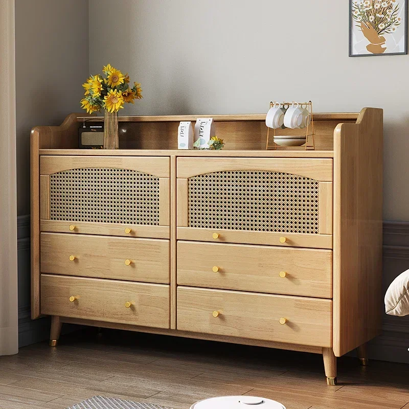 Nordic Solid Wood Chest of Drawers Rattan Tea Cabinet Living Room Wall Locker