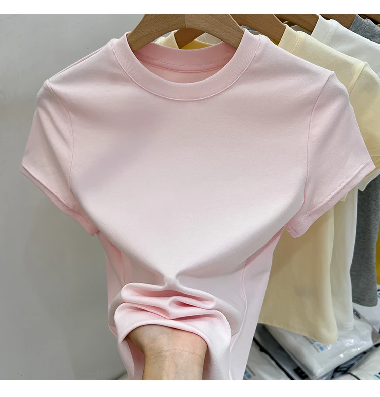 AOSSVIAO 2026 Summer Solid Color Women's Short Sleeve T-Shirt American Vintage Y2K Slim Basic O-Neck Tee Trendy Slim Fit Tops
