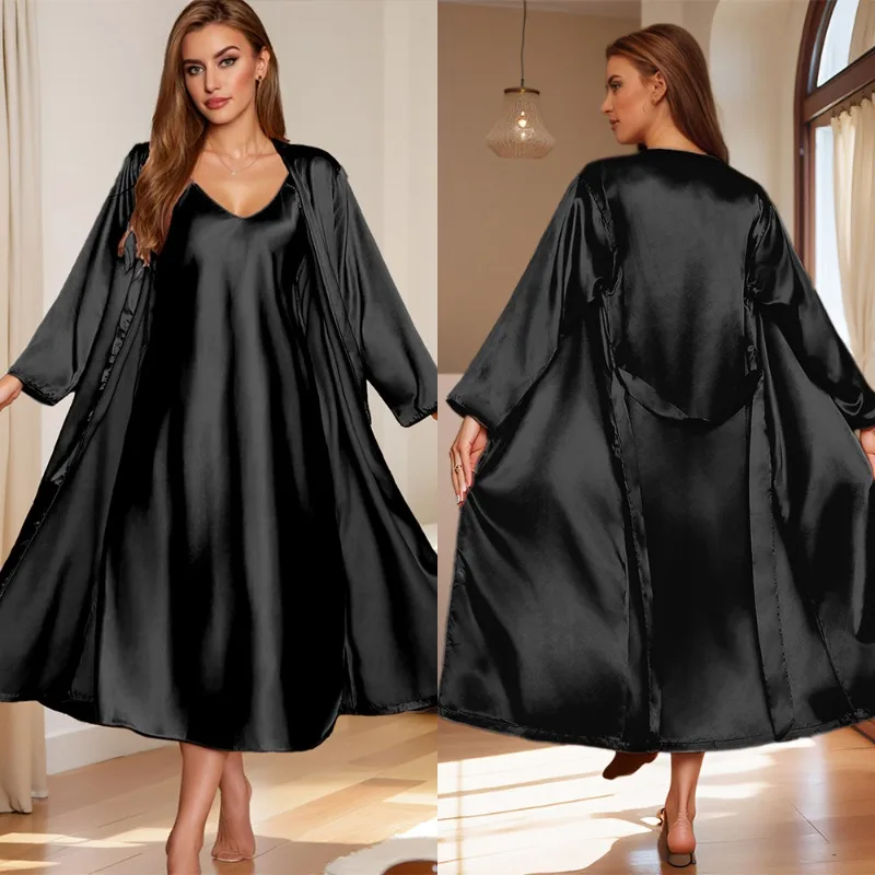 

2pcs Set Women's Spring Summer Loose Dress & Robe Set Fashion Long Loungewear Pajamas Soft Comfortable Home Sleepwear