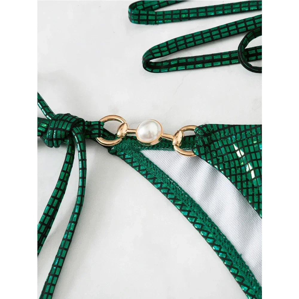 2024 Groene Glanzende Bikini Vrouwen 2 Stuk Lage Taille Badpak Sexy Triangle Cup Jarretel Backless Badpak Zomer Strand badmode