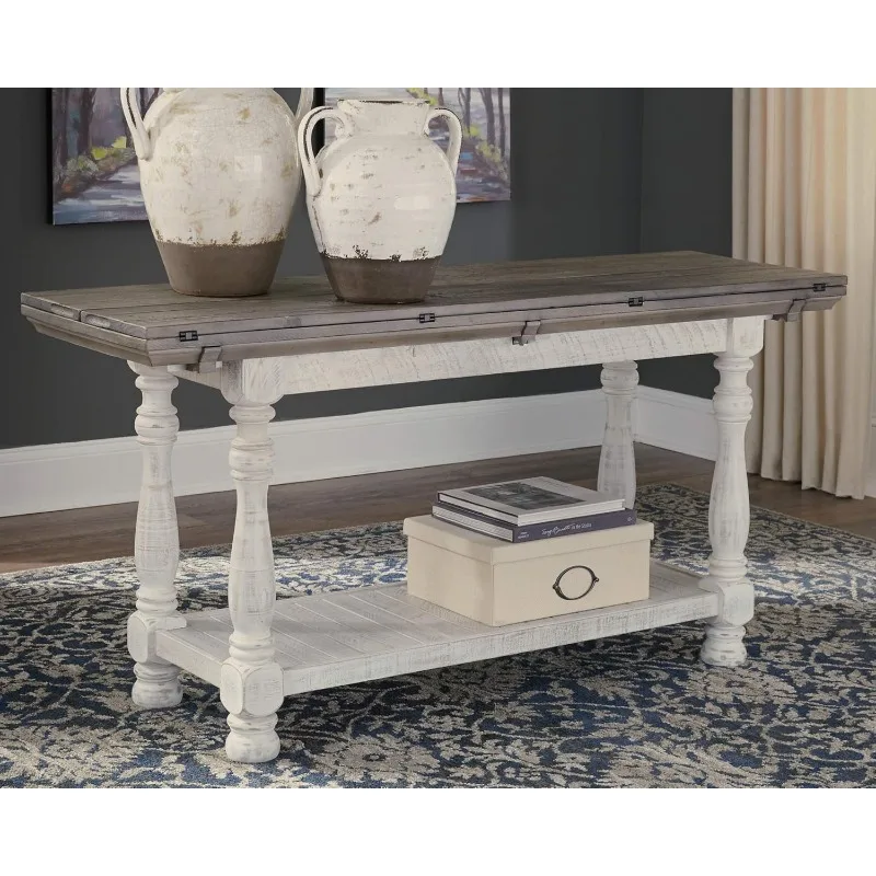 Farmhouse Sofa Table, Flip Top Design for Additional Dining Space and Fixed Lower Shelf, Gray & White with Weathered Finish