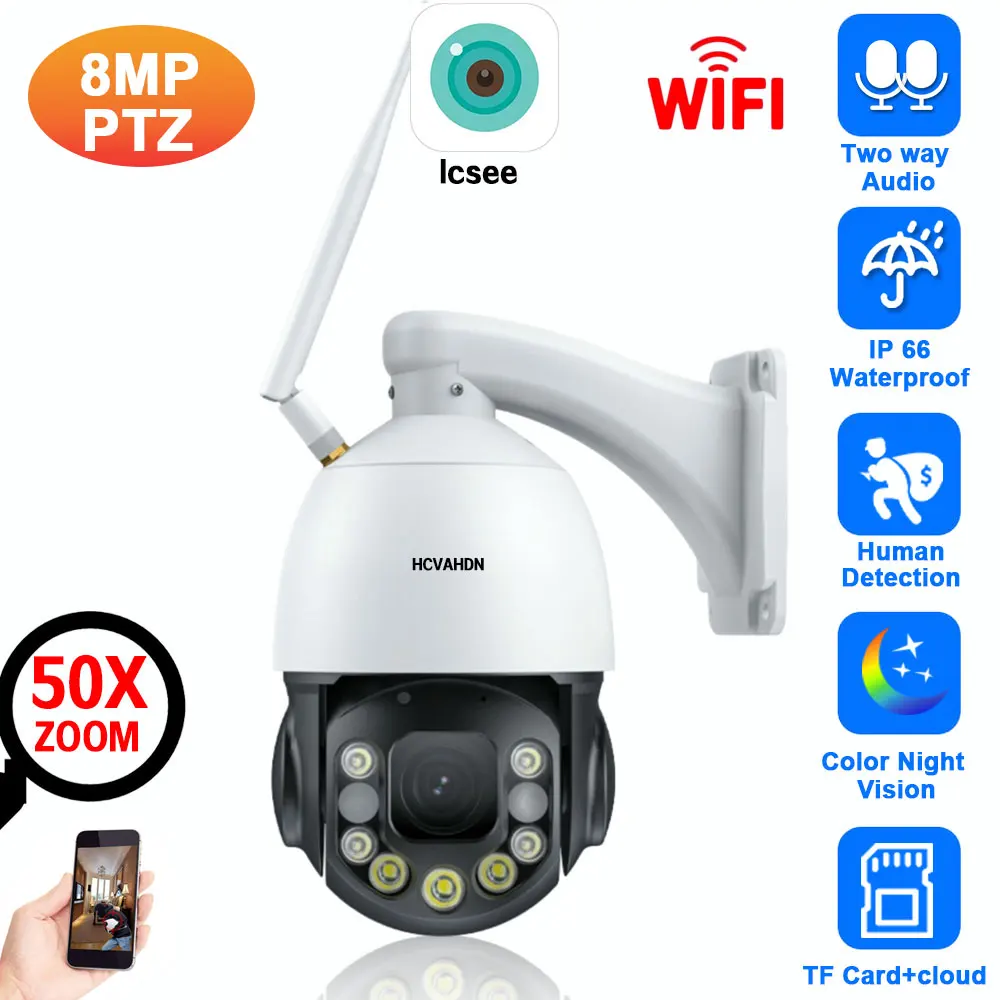 

ICSEE 30X 50x Zoom 4K WiFi PTZ Security Camera Outdoor Humam Detection Wireless CCTV Video Surveillance Color Night Vision 8MP