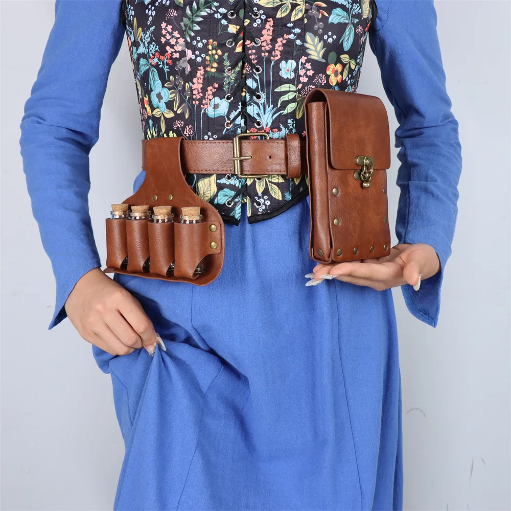 

7pcs Medieval Knight Style Renaissance Retro Belt Bag With 4 glass bottles Viking Waist Belt Cosplay Decoration For Halloween