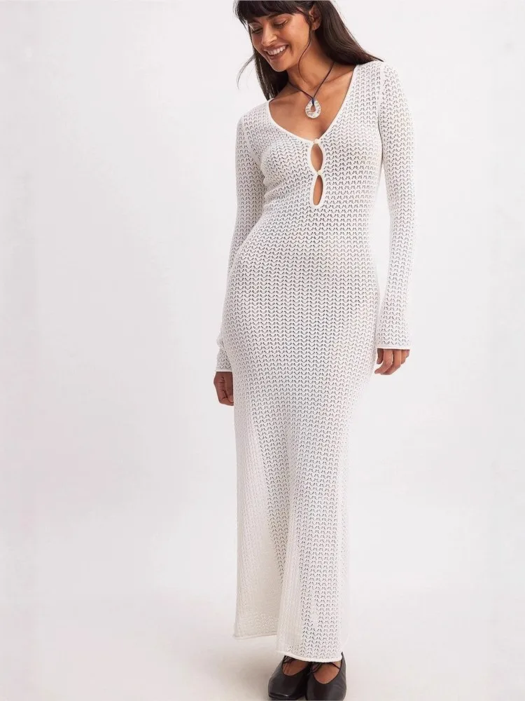 المرأة مثير الأبيض متماسكة ملابس السباحة التستر العميق الخامس الرقبة التعادل الجوف خارج كم طويل شاطئ فستان ماكسي 2026 الصيف عطلة الزي #3