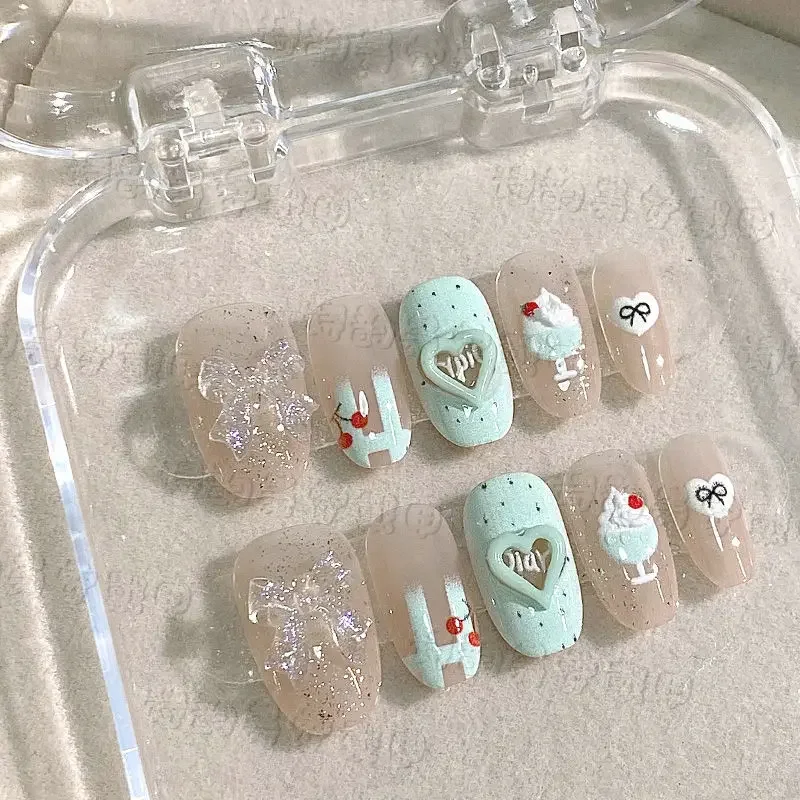 

10pcs Handmade Press on Nail White Wear Cute Bow Manicure Patch Full Cover Artificial Fake Nails Seamless Removable False Nails