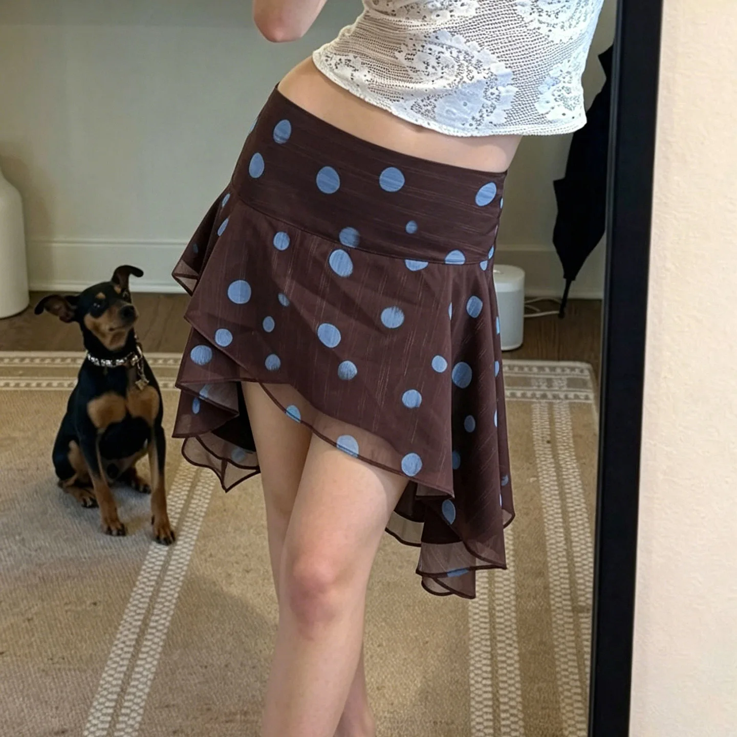 New Spice Girl Bright Silk Contrasting Polka Dots Irregular Hip-wrapped Low-rise Chiffon Skirt