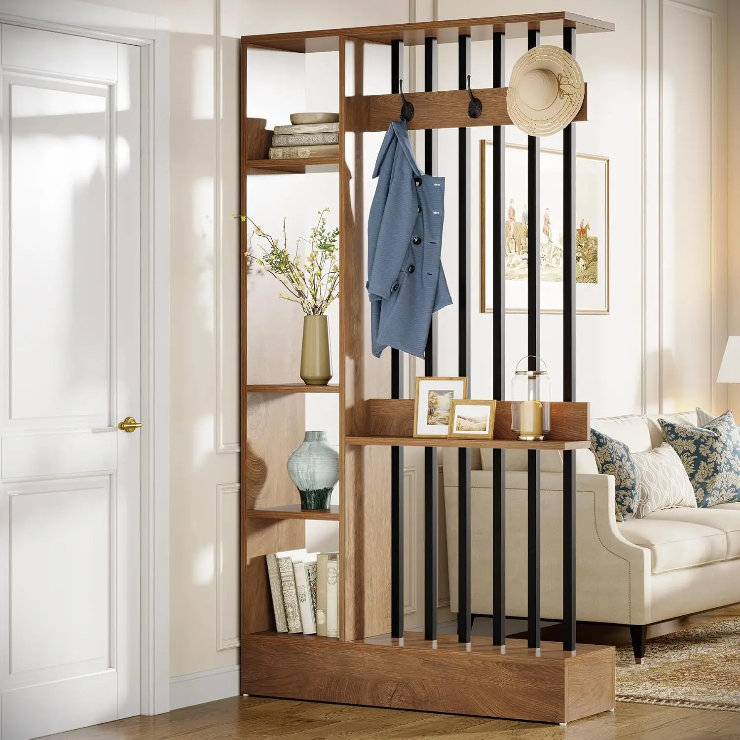 Wood Freestanding Wall Room Divider Bookcase Shelves Coat Hooks 71 Modern Partition Home Office Decor Brown
