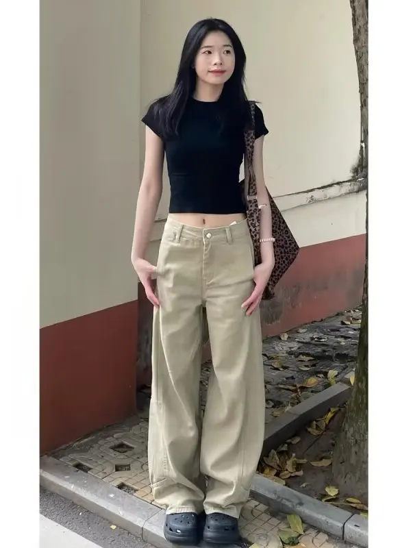 

plus Size Khaki Wide Leg Jeans Women's Spring Autumn Loose Slimming Drapey Straight Cut Trousers High Waist Cotton Button Fly