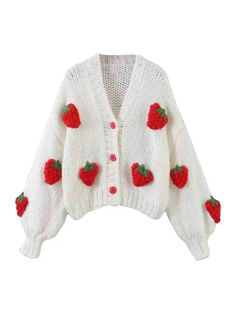 Strawberry Knitted Cardigan Sweater Fashionable Versatile Sweet High Stree Casual Women\'s V-neck Loose Lantern Sleeve Jacket