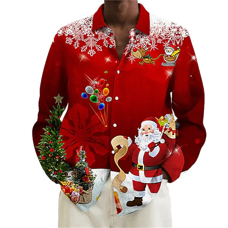 

2025 Fashion Trendy Party Men's Christmas Shirt Pattern 3D Printing Men's Button Lapel Long Sleeve Snowflake Santa Claus Shirt