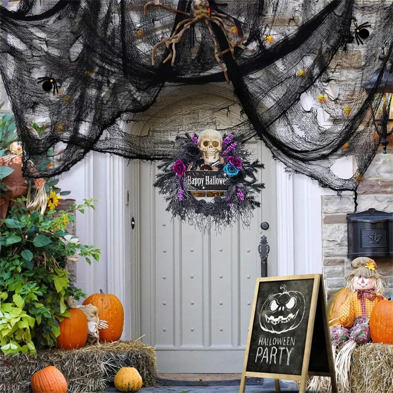 22'' Halloween Wreath for Front Door, Halloween Skull Wreath with Lights, Spooky Halloween Wreaths with Black, Blue, Purple