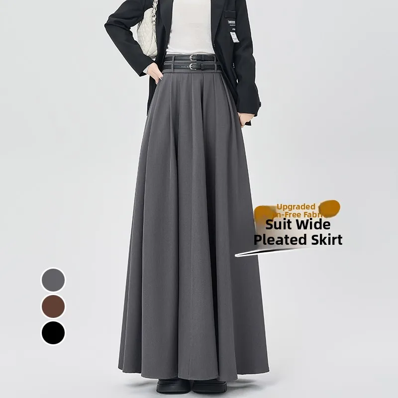 High Waist Double Belted Suit Skirt Women's Autumn 2026 Gored Skirt Ultra Flared Long Dress Korean Style Commute Folded Polye...