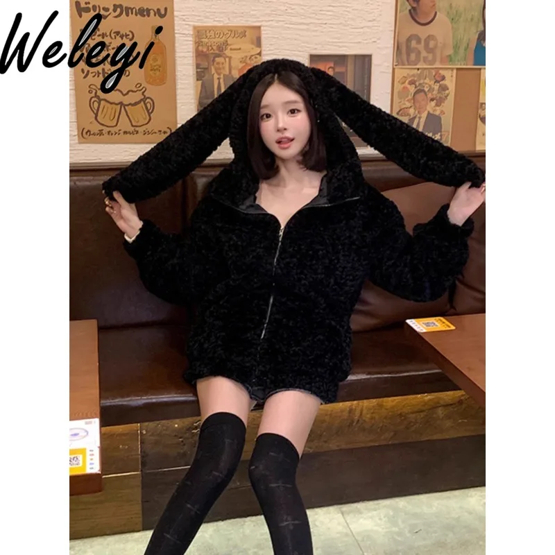 Black Imitation Lamb Fur Medium and Long Thickened Coat Women's 2024 Autumn and Winter New Cutecore Rabbit Ears Plush Loose Tops