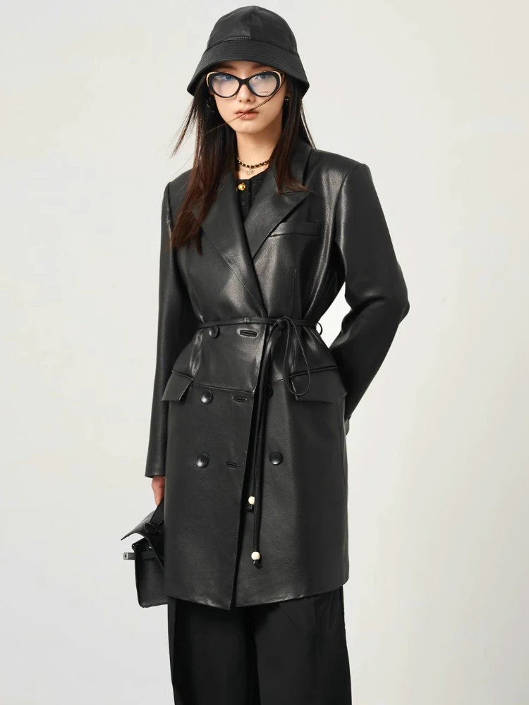 Lace-up Long Genuine Leather Windbreaker Jackets for Women Spring Autumn High-end Simple Soft Black Real Sheepskin Trench Coat