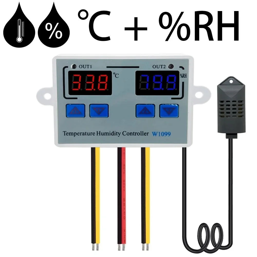 W1099 Dual Display Digital Temperature Humidity Controller DC 12V 24V AC 110-220V Thermostat Humidistat Regulator Incubator