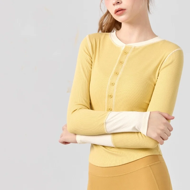 

Autumn Contrasting Color Splicing Yoga Suit Women Round Neck Long Sleeve T-shirt Pilates Fitness Suit Outside Wear Sports Tops