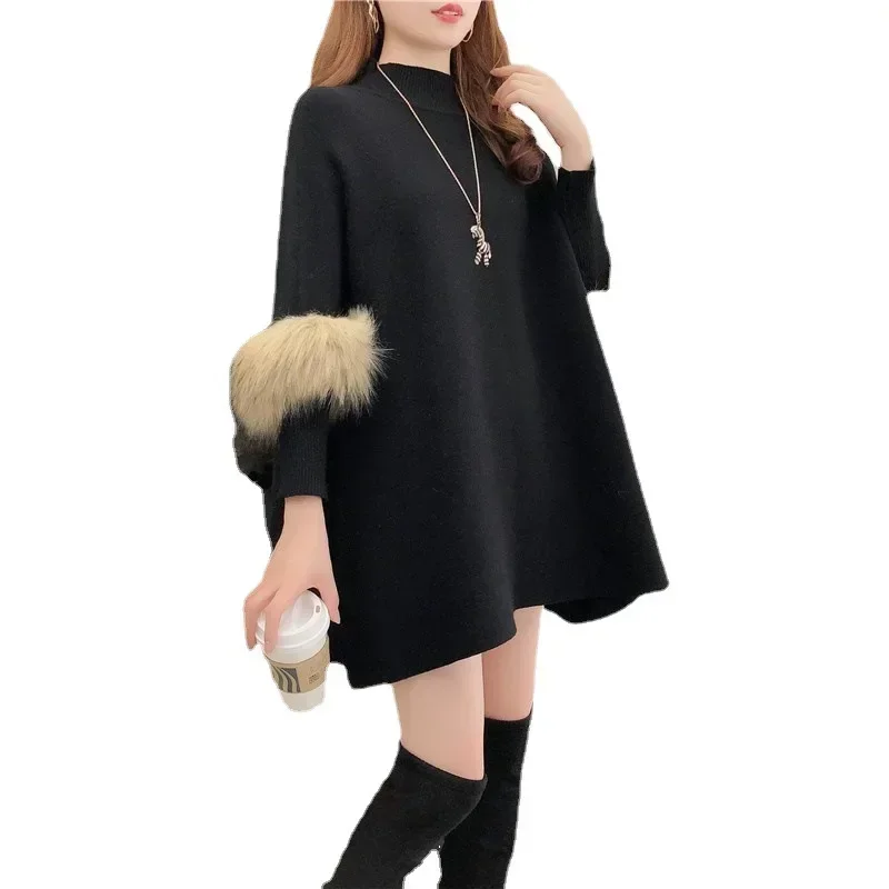 เสื้อคลุมไหมพรมถักหนานุ่มสำหรับผู้หญิง รุ่นใหม่ ฤดูใบไม้ร่วง ฤดูหนาว ทรงเสื้อคลุมไหล่ แขนค้างคาว คอสูง ทรงหลวม สไตล์เสื้อโปโล