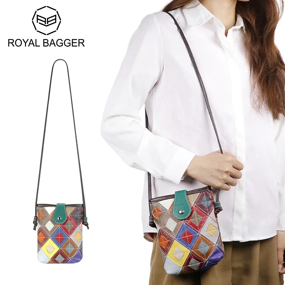 Royal Bagger Color Stitching Plaid Shoulder Bags, Genuine Leather Mobile Phone Bag for Women, Magnetic Closure 1903