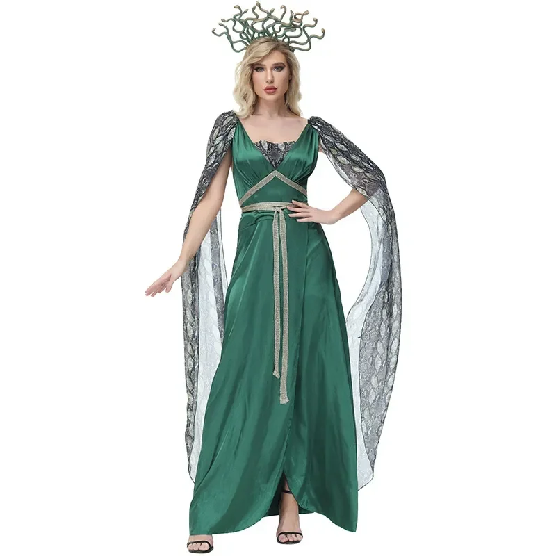 Halloween-Maskerade-Kostüm mit Serpentinenmuster, Schlitzkleid für Frauen, Hexenkleid in Grün, Kopfbedeckung, Umhang, Tüll – Detail 2