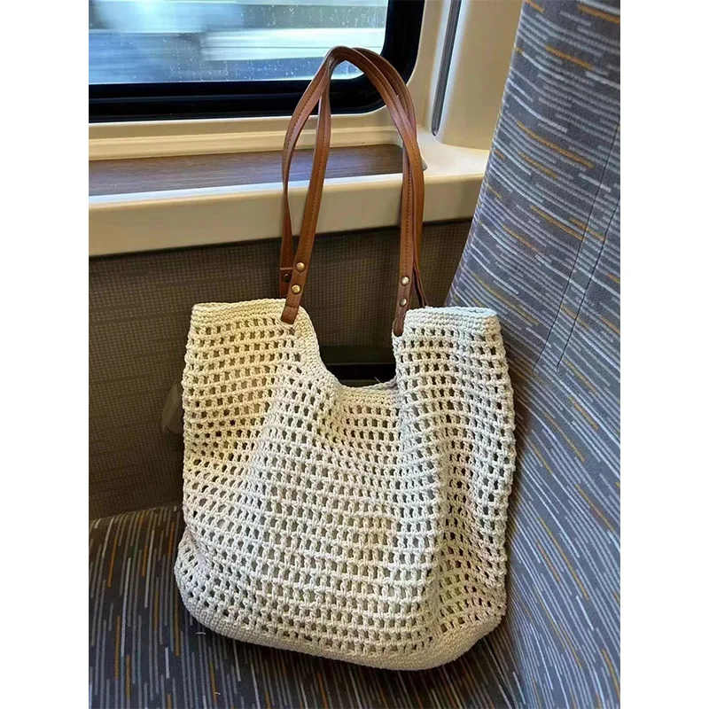 

2025 Beach Holiday Crochet Tote Bag, Bohemian Macrame Shoulder Purse, Openwork Cotton Crossbody Bag