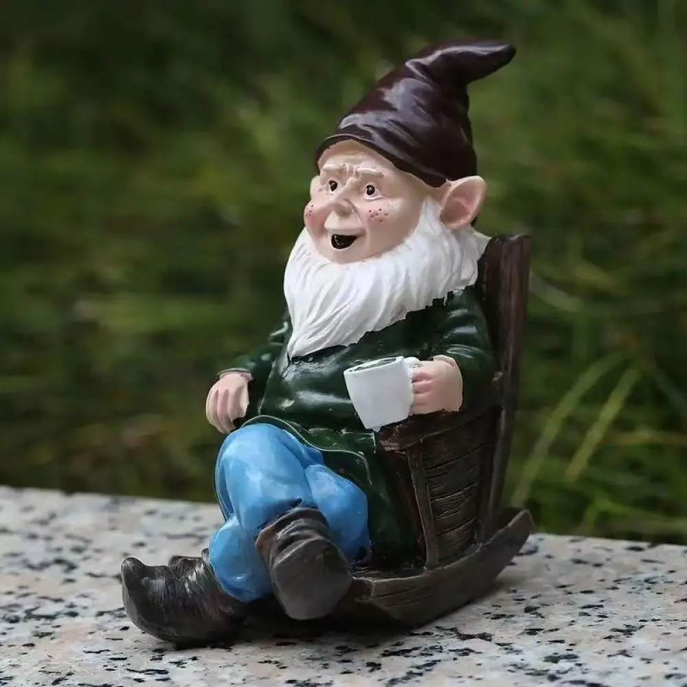 Creative Resin Old Man Gnome Ornament Rocking Chair Coffee Cup Figurine Garden Lawn Patio Art Decorative Sculpture Craft