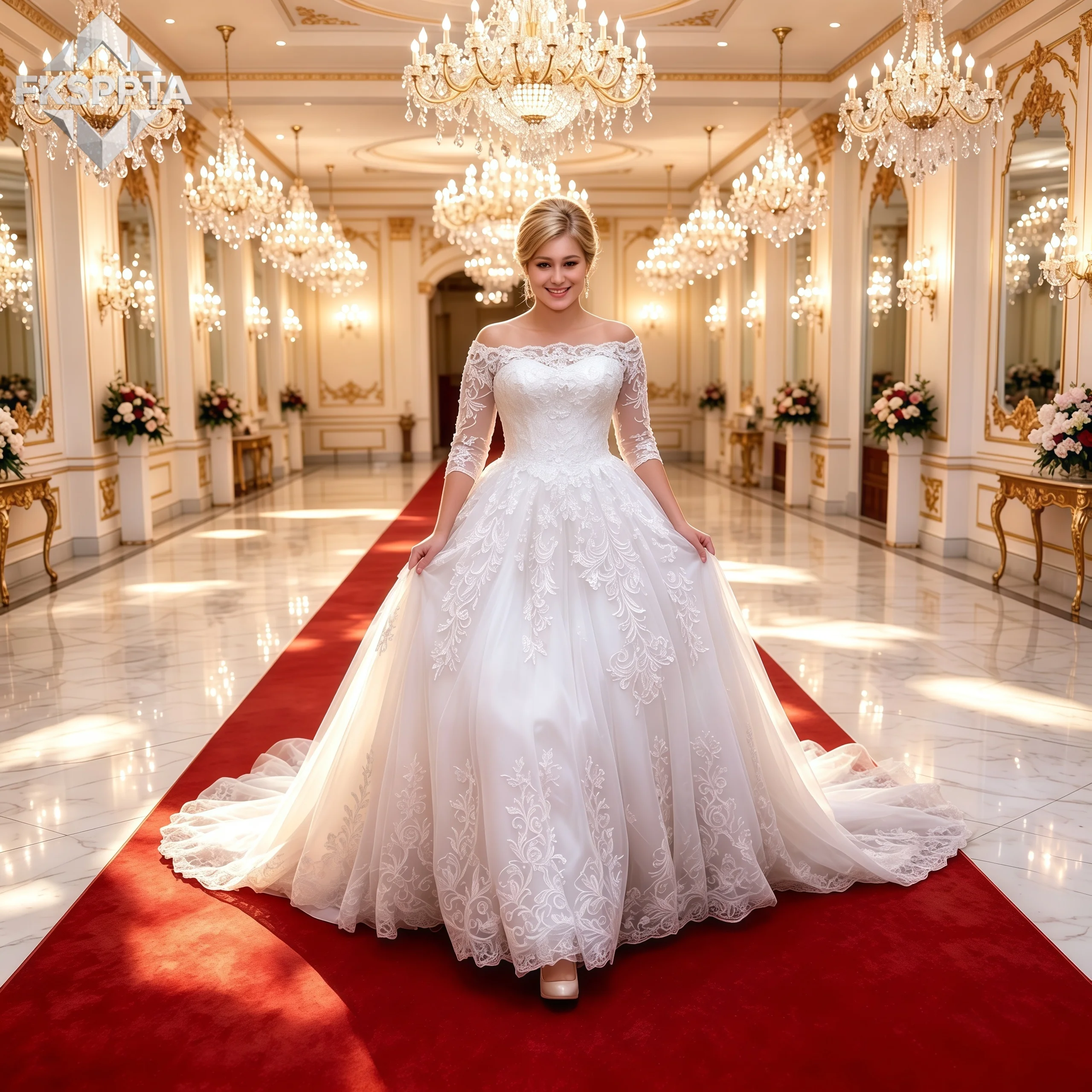White Off Shoulder 3/4 Sleeve Lace Tulle Wedding Dress With Train Vestido De Novia Wedding Bride Dress Custom Made