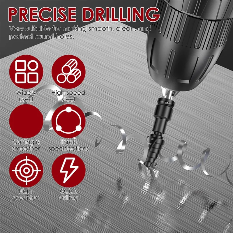 

AT51-3Pcs Step Drill Bit Set, Grooved Step Drill Bit 4-32Mm Cone Cutting Spiral Flute
