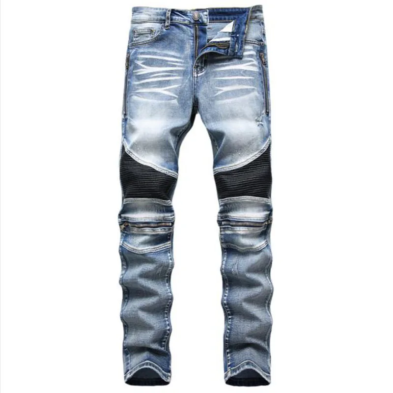 

2022 New Fashion Mens Biker Jeans Slim Straight Zipper Autumn Men Desiger Washed Denim Pants Pleated Motorcycle Jeans Trousers