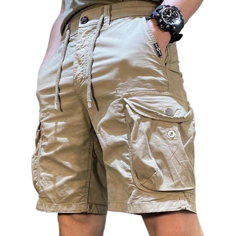 

Летние шорты для инструментов, мужские повседневные брюки для подростков, свободные эластичные брюки с несколькими карманами на пуговицах в гонконгском стиле, средние брюки с пятью точками, американские