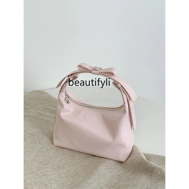 Ladies New Trendy Summer High-Grade Niche Pink Bow Portable Shoulder Crossbody Dumpling Bag