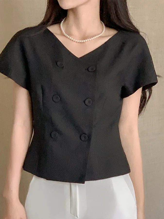 

Ele Double-Row Button Slim Fit ort Jaet Women's Summer Chic Top High Waist Design Faionable Commute Sle Pure Color