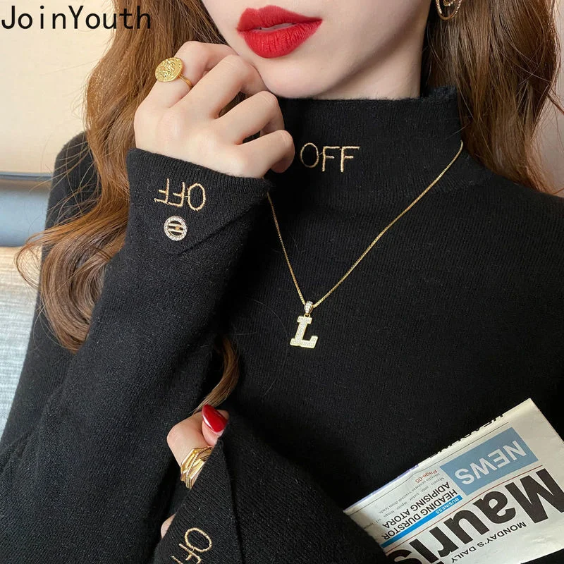 Joinyouth Half-high Collar Women Tops Korean Woman Sweater Long Sleeve Embroidery Pullovers Winter Autumn Bottoming Sweaters