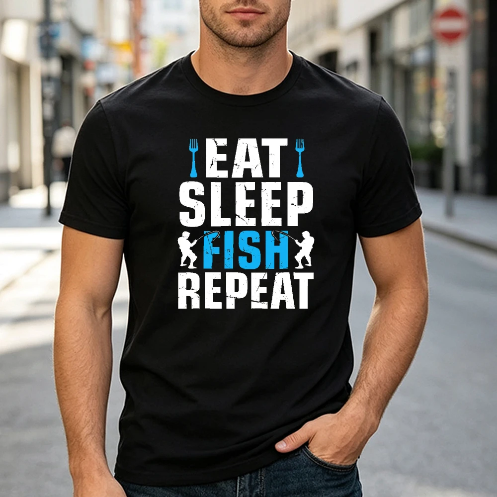 EAT SLEEP FISH REPEAT Graphic Print Mens Short Sleeve TShirt Distressed Vintage Fisherman Graphic Stylish Weekend Casual Garment
