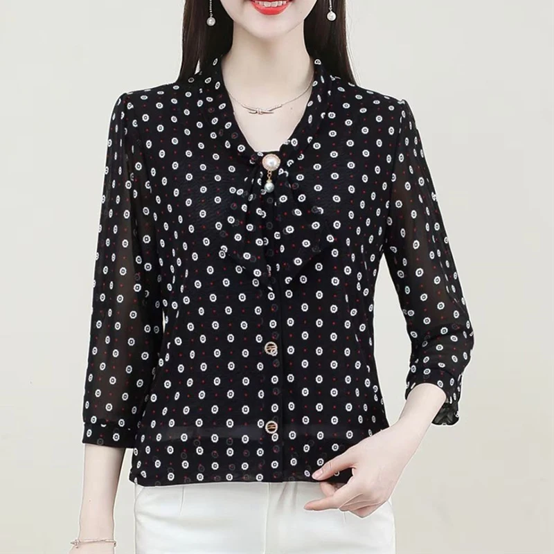 Women\'s Clothing Korean Fashion Print Beaded Bow Elegant Blouses 2023 Summer Half Sleeve Thin Shirts Ladies Slim Chic Tops Blusa