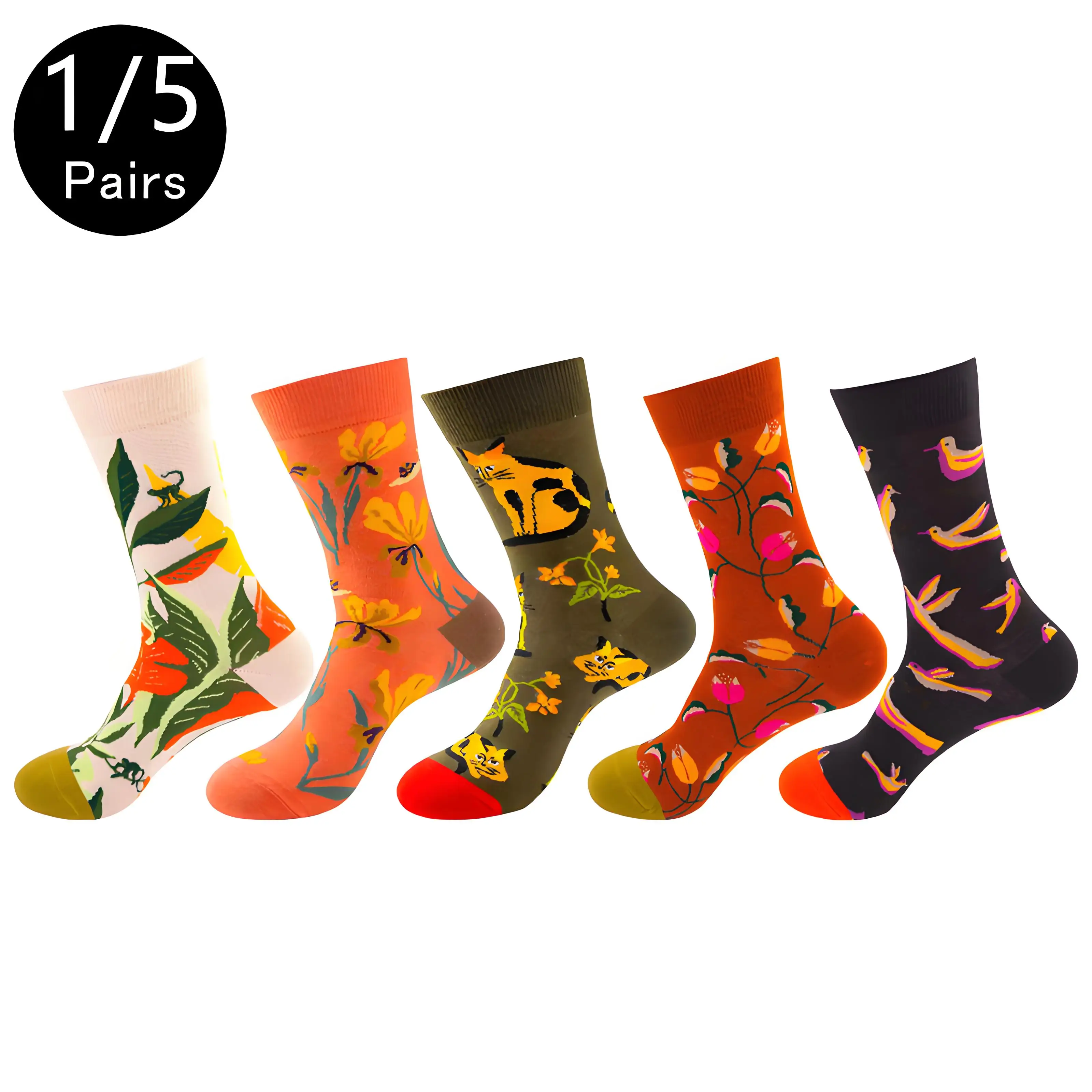 1/5 Paar Herren- und Damensocken, unisex, farbig bedruckt, mittellange Socken mit trendigen und personalisierten Tier- und Blumendesigns, Freizeitsocken