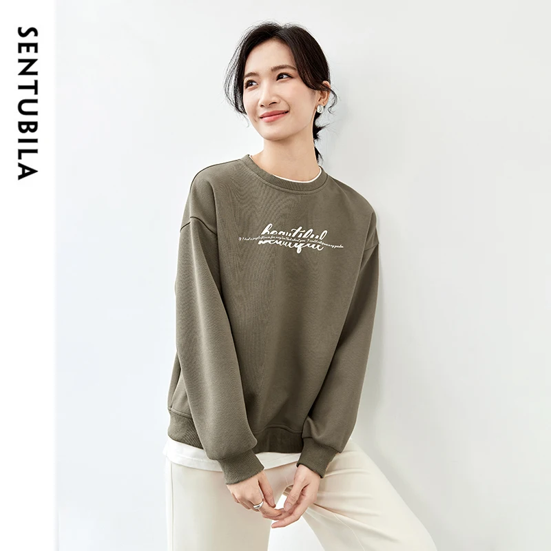 SENTUBILA Cotton Patchwork 2 in 1 Sweatshirt for Women 2024 Autumn Simple Letter Print O Neck Long Sleeve Pullovers 143A55890