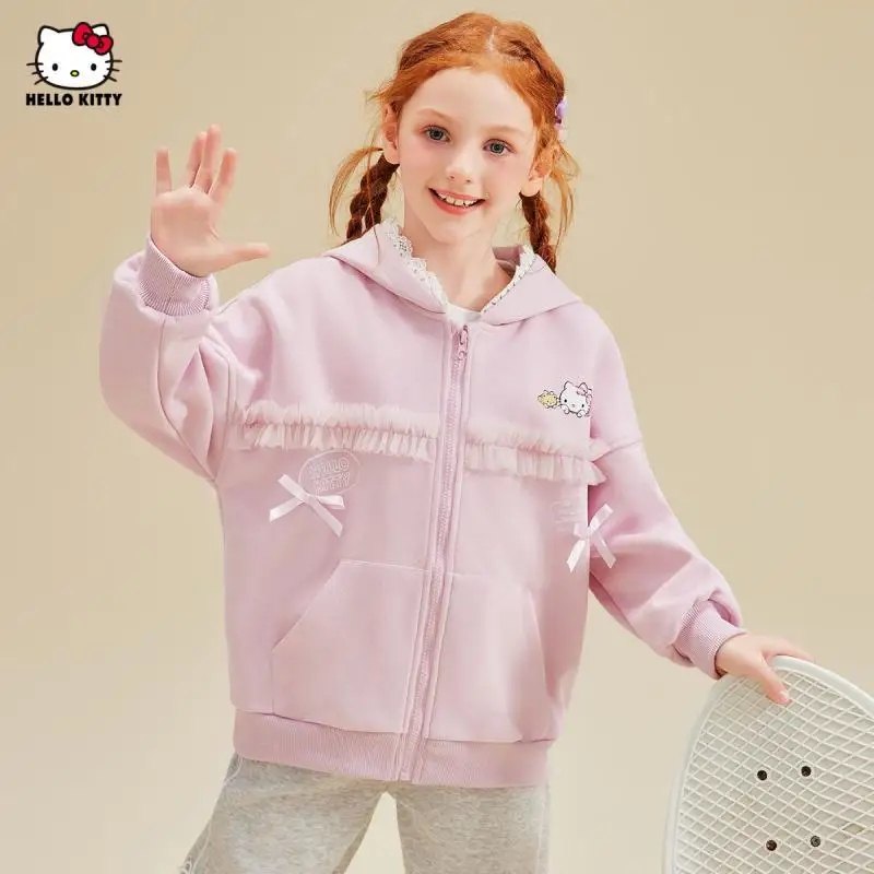 Sanrio Child Lace Hooded Coat Girl Baby Spring Cute Gentle Hello Kitty Cartoon Printing Sweet Cool Bow Tie Fashion Jacket New