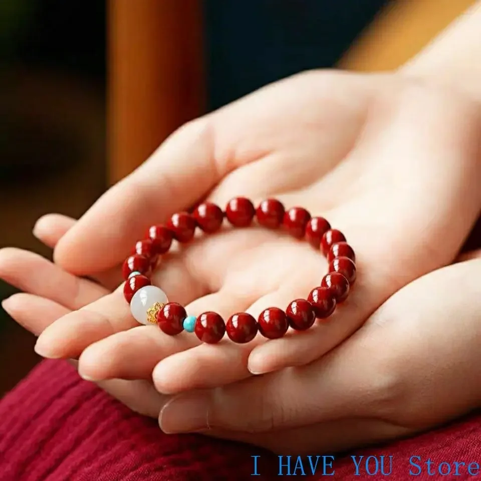 Natural Cinnabar Emperor Sand Bracelet Transfer Evil Spirits Bracelet Hetian Jade Pearl High Quality Lovers Bracelet Accessories