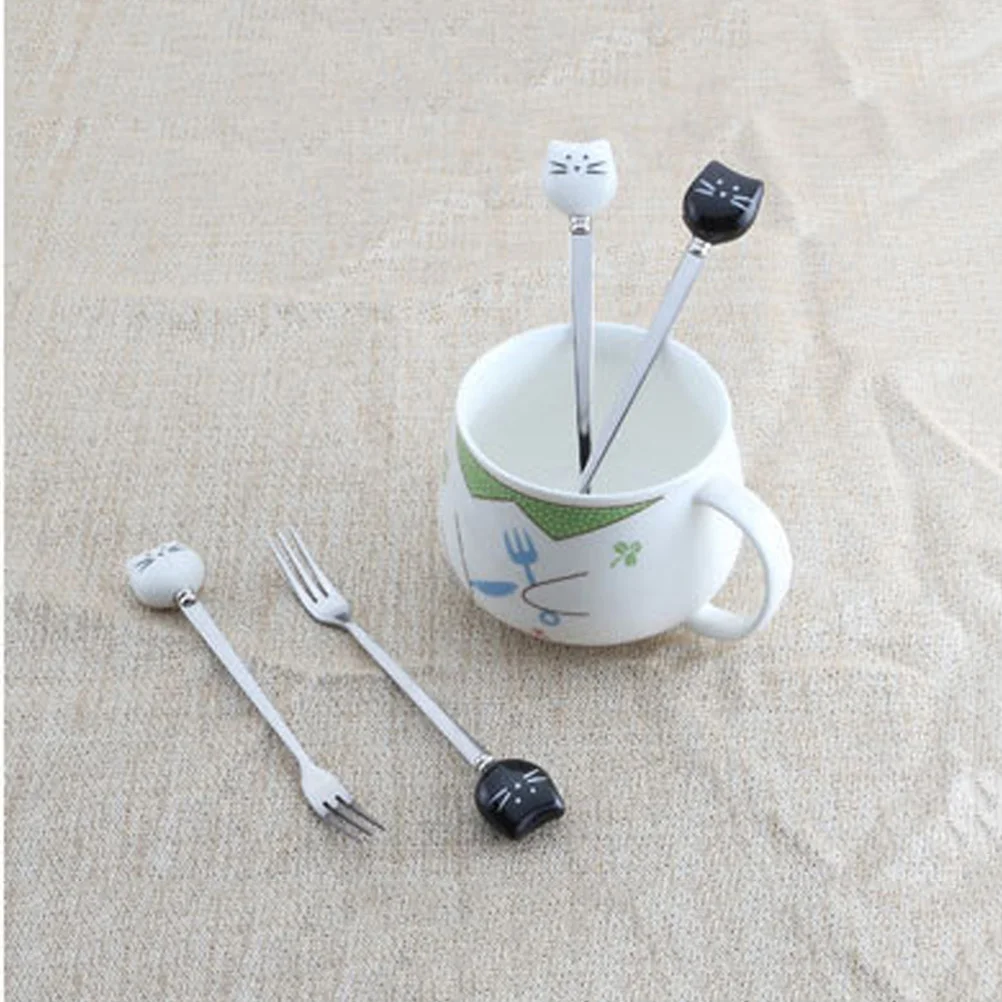 

1Pcs White Cat Small Fork Ceramic Stainless Steel Cartoon Fruit Dessert Fork Cute Handle for Home Office