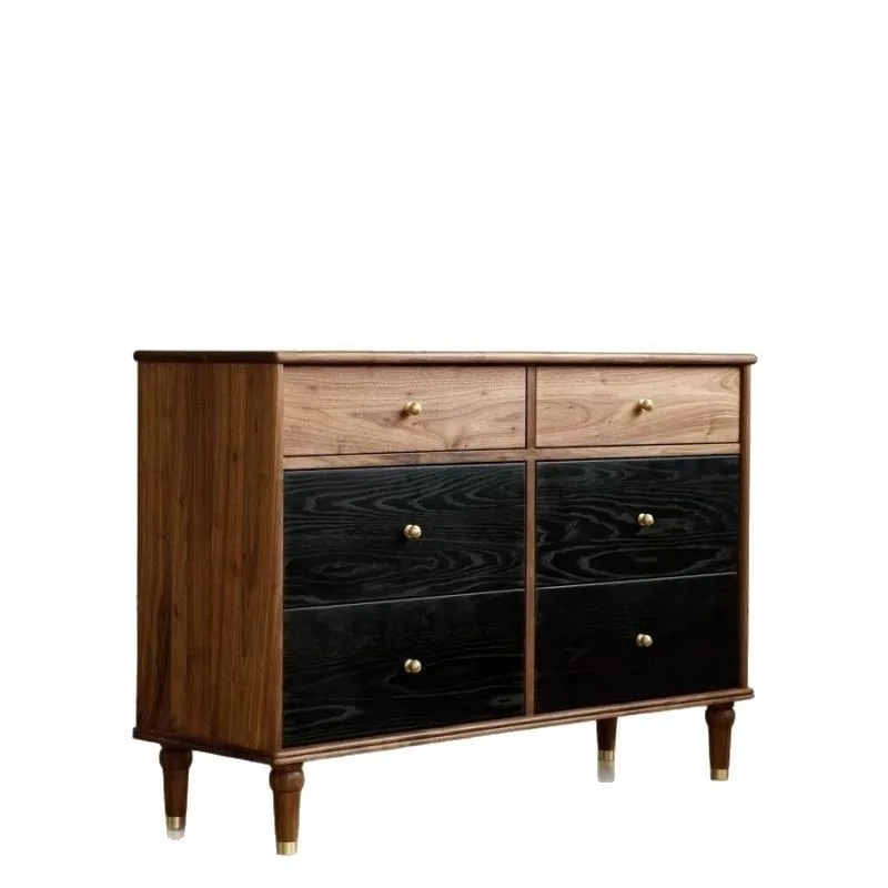 

Nordic retro chest side cabinet storage solid wood North American walnut six-bucket bedroom entrance locker